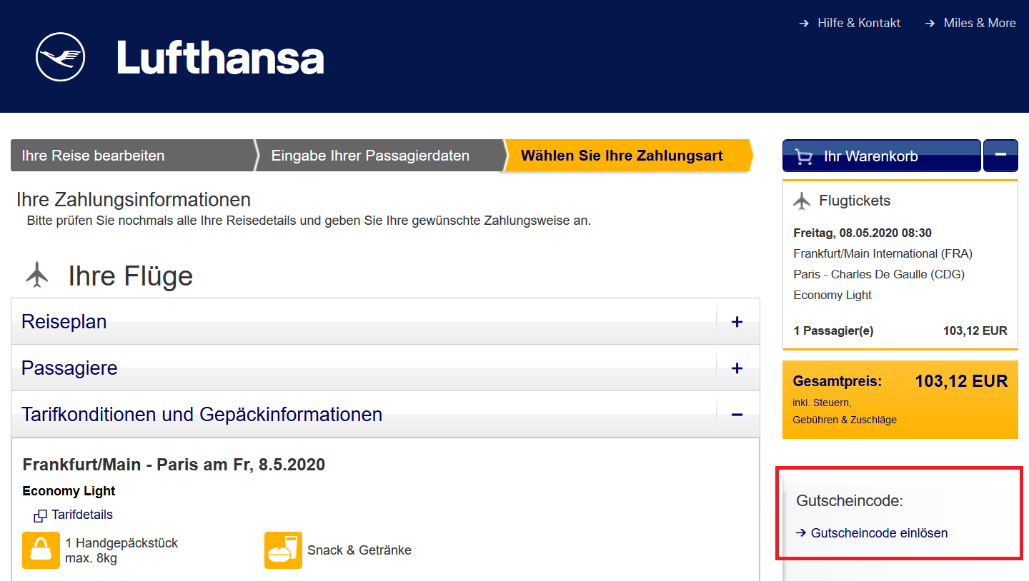 Lufthansa Gutschein über 20 Euro meilenoptimieren