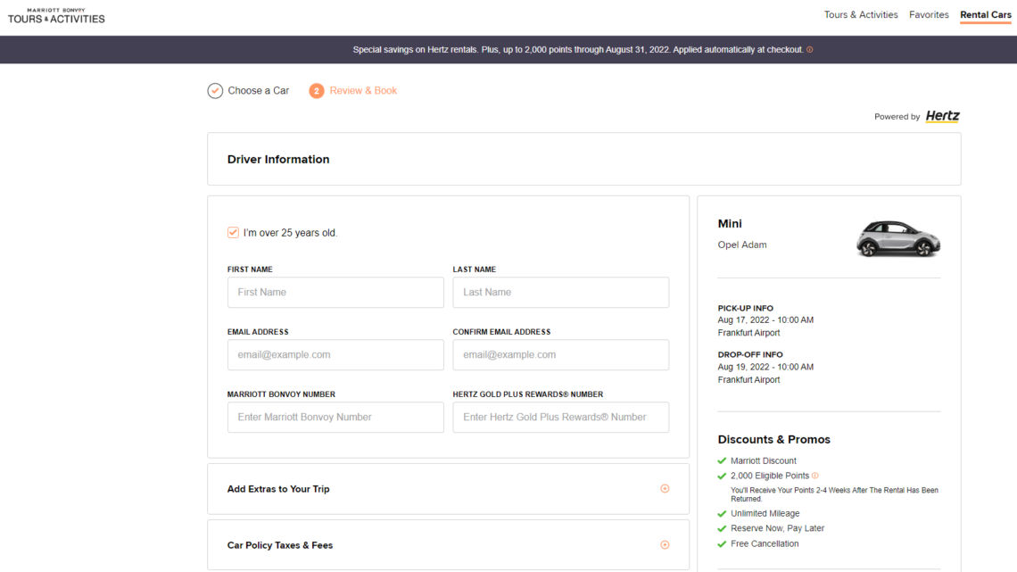 Bis zu 2.000 Marriott Bonvoy Punkte mit Hertz meilenoptimieren