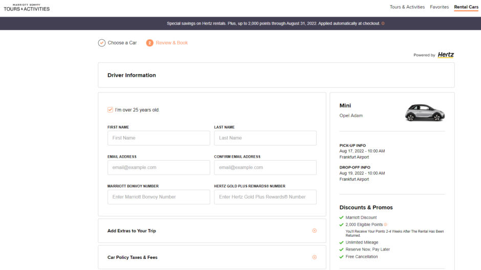 Bis zu 2.000 Marriott Bonvoy Punkte mit Hertz meilenoptimieren