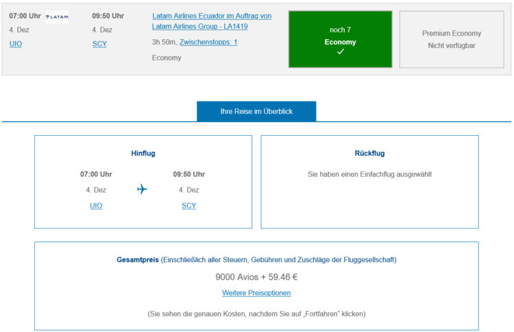 Executive Club Praemienflug Latam Economy Class Quito San Cristobal