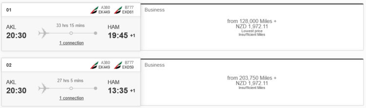 Skywards Praemienflug Emirates Business Class Auckland Dubai Hamburg Saver Tarif