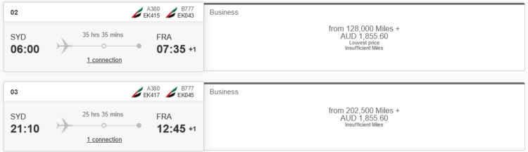 Skywards Praemienflug Emirates Business Class Sydney Dubai Frankfurt Saver Tarif