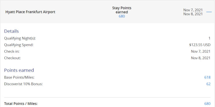 Screenshot Gesammelte Punkte Hyatt Place Aiport Frankfurt