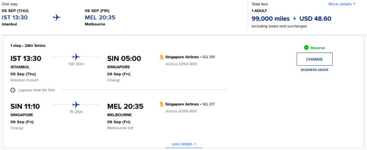 Krisflyer Praemienflug Singapore Airlines Business Class Istanbul Singapur Melbourne