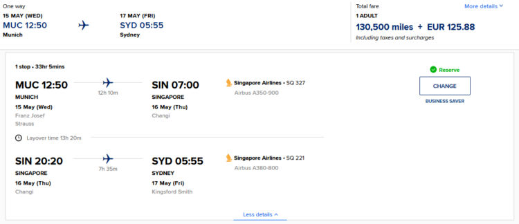 Krisflyer Praemienflug Singapore Airlines Business Class Muenchen Singapur Sydney