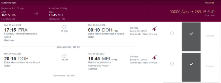 Privilege Club Qatar Airways Business Class Frankfurt Doha Melbourne