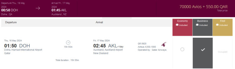 Privilege Club Praemienflug Qatar Airways Business Class Doha Auckland