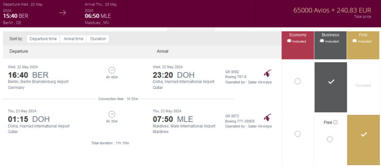 Privilege Club Praemienflug Qatar Airways Business First Class Berlin Doha Male