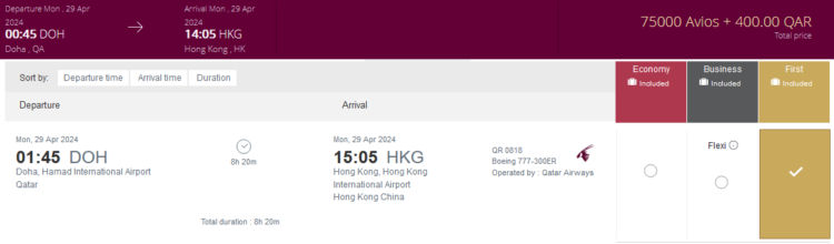 Privilege Club Praemienflug Qatar Airways First Class Doha Hongkong
