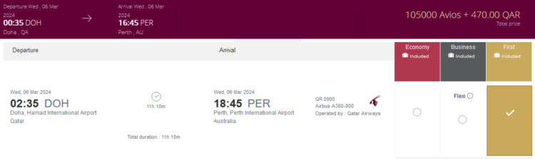 Privilege Club Praemienflug Qatar Airways First Class Doha Perth