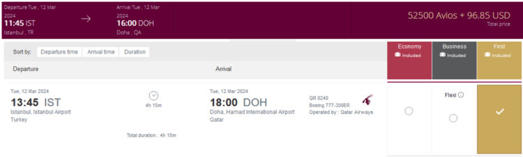 Privilege Club Praemienflug Qatar Airways First Class Istanbul Doha