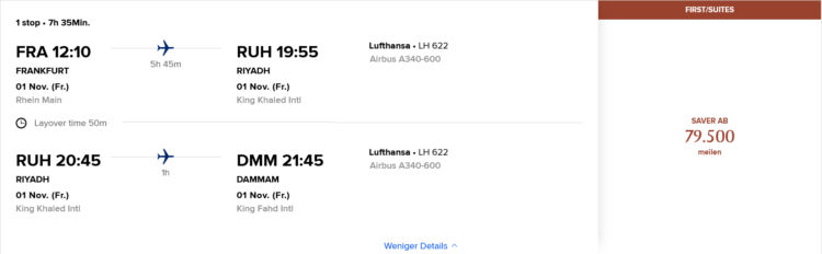 Krisflyer Praemienflug Lufthansa First Class Frankfurt Dammam