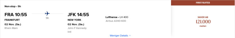 Krisflyer Praemienflug Lufthansa First Class Frankfurt New York