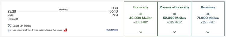 Miles And More Praemienflug Swiss Business Class Hongkong Zuerich