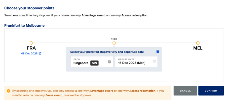 Singapore Airlines Krisflyer Stopover Auswahl
