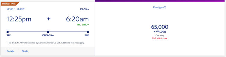 Skymiles Praemienflug Korean Air Business Class Taipeh Brisbane