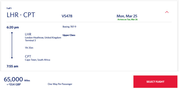 Skymiles Praemienflug Virgin Atlantic Upper Class London Kapstadt