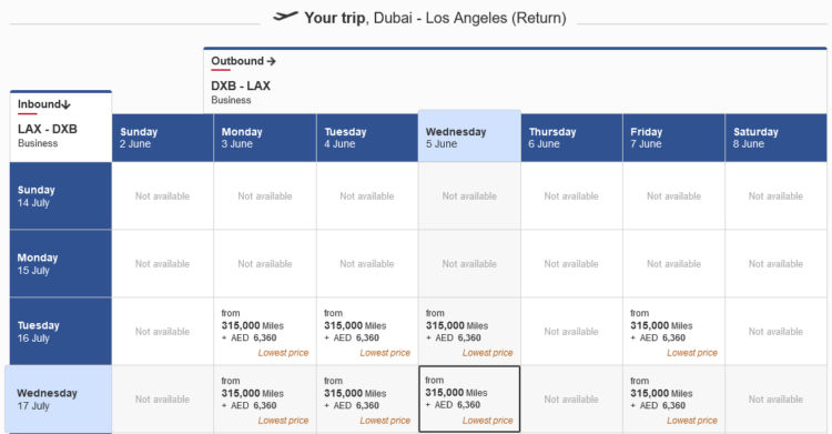 Skywards Praemienflug Emirates Business Class Dubai Los Angeles Return