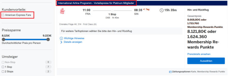 American Express International Airline Programm Emirates First Class Frankfurt Singapur