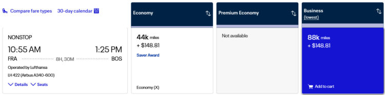 Mileage Plus Praemienflug Lufthansa Business Class Frankfurt Boston