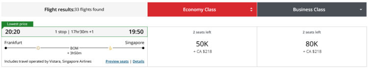 Aeroplan Praemienflug Vistara Business Class Frankfurt Mumbai Singapur