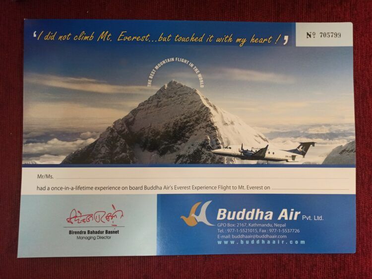 Panorama Flug Buddha Air Urkunde