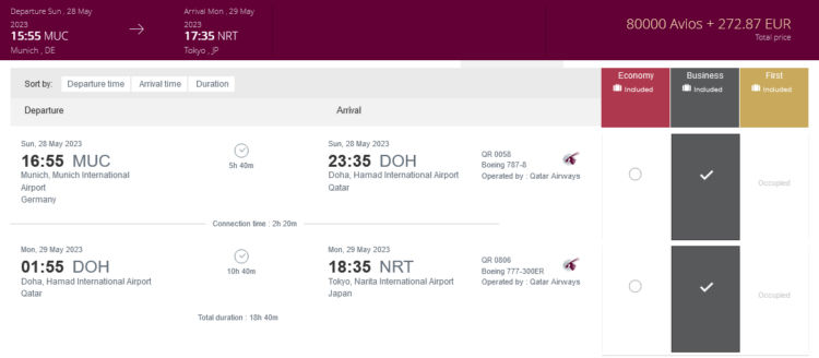 Privilege Club Praemienflug Qatar Business Class Muenchen Doha Narita