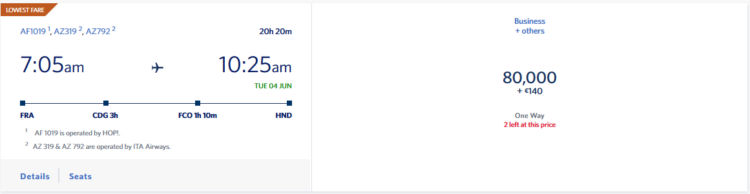 Skymiles Praemienflug Ita Airways Business Class Frankfurt Tokio