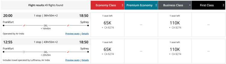 Aeroplan Praemienflug Lufthansa Air India Business Class Frankfurt Delhi Sydney
