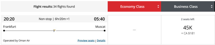 Aeroplan Praemienflug Oman Air Business Class Frankfurt Muskat