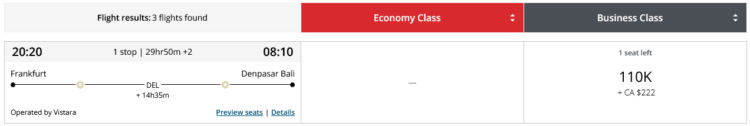 Aeroplan Praemienflug Vistara Business Class Frankfurt Bali