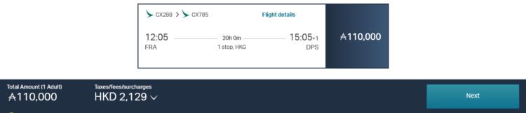 Asia Miles Praemienflug Cathay Pacific Business Class Frankfurt Hongkong Denpasar