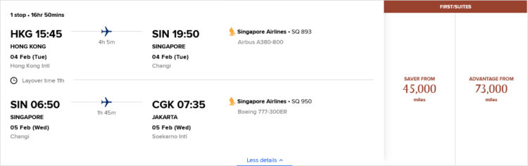 Krisflyer Praemienflug Singapore Airlines First Class Hongkong Singapur Jakarta