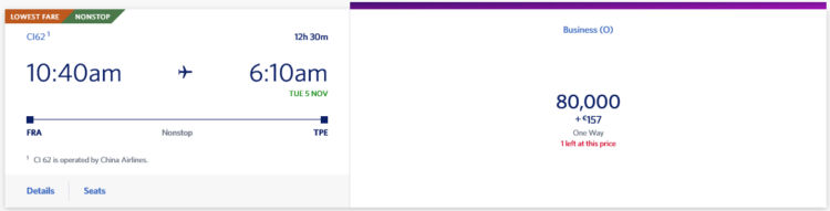 Skymiles Praemienflug China Airlines Business Class Frankfurt Taipeh