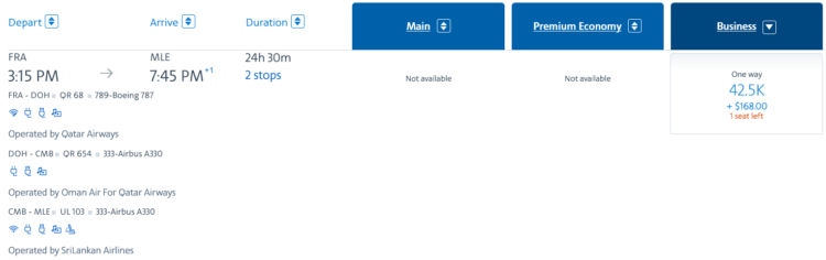 Aadvantage Praemienflug Qatar Airways Oman Air Srilankan Frankfurt Male