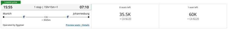 Aeroplan Praemienflug Egyptair Business Class Muenchen Kairo Johannesburg