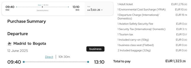 Avianca Gold Status Beispielbuchung Madrid Bogota Juni 2025