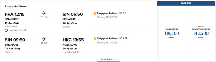 Krisflyer Praemienflug Singapore Airlines Business Class Frankfurt Singapur Hongkong
