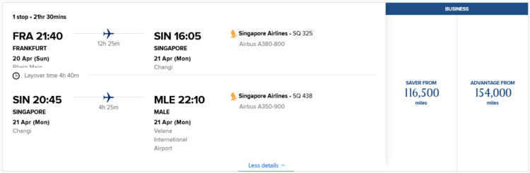 Krisflyer Praemienflug Singapore Airlines Business Class Frankfurt Singapur Male