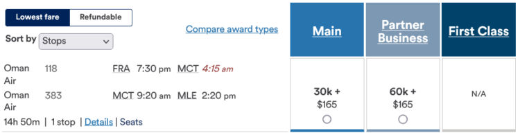 Mileage Plan Praemienflug Oman Air Business Class Frankfurt Male