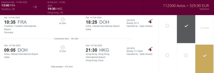 Privilege Club Qatar Airways Business First Class Frankfurt Doha Hongkong