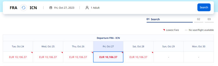 Suchabfrage Korean Air Frankfurt Seoul First Class Oktober 2023