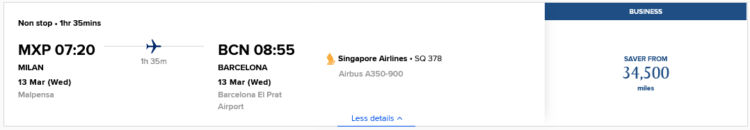 Krisflyer Praemienflug Singapore Airlines Business Class Mailand Barcelona