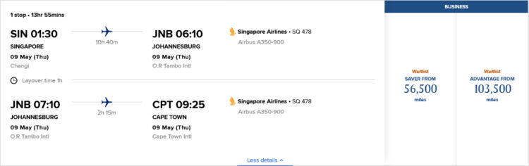 Krisflyer Praemienflug Singapore Airlines Business Class Singapur Johannesburg Kapstadt