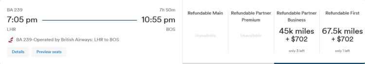 Mileage Plan Praemienflug British Airways First Class London Boston