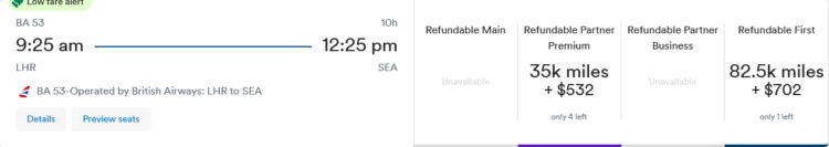 Mileage Plan Praemienflug British Airways First Class London Seattle
