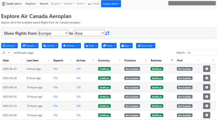 Seats Aero Aeroplan Singapore Airlines Fra