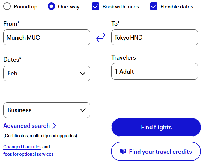 United Mileage Plus Suche Beispiel Muenchen Tokio