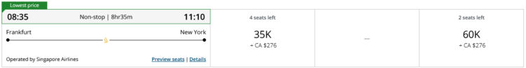 Aeroplan Praemienflug Singapore Airlines Business Class Frankfurt New York