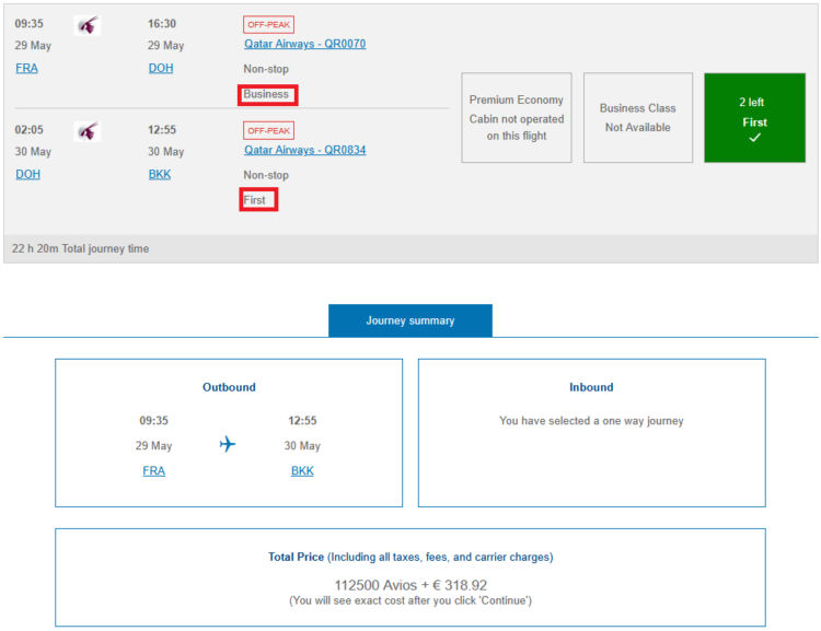 British Airways Club Praemienflug Qatar Airways Business First Class Frankfurt Bangkok